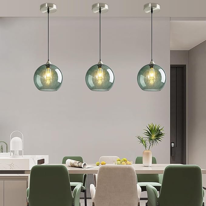 Modern 3-Pack Glass Globe Pendant Lights, Gray Green Modern Pendant Lighting for Kitchen Island, Glass Hanging Lamps for Dining Room Living Room Bedroom, Large 9.85 Inch Fixture (Bulbs Not Included)