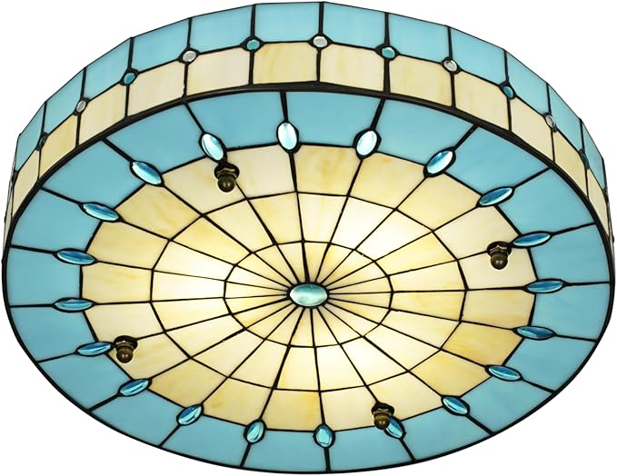 Blue Tiffany Style Ceiling Light, Elegant Stained Glass Flush Mount Ceiling Light, Decorative Round Ceiling Lamp for Bedroom, Entryway (15.7")