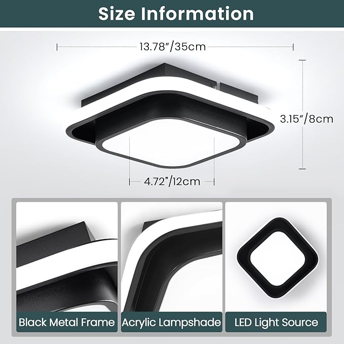 Hallway Light Square Modern Ceiling Light Fixture, 12IN Modern Ceiling Lamp 6000K LED Ceiling Light Black Ceiling Lighting for Living Room, Balcony Bedroom