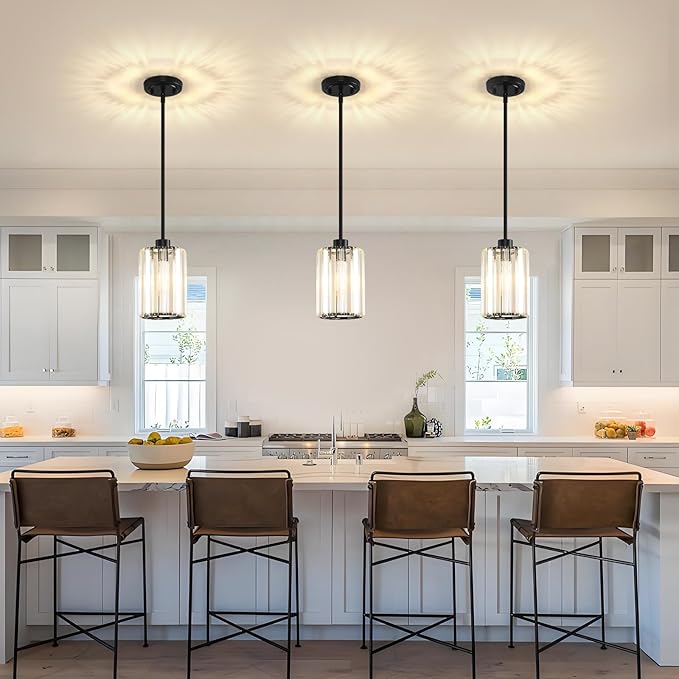 3 Pack Pendant Lights Kitchen Island, Modern Black Pendant Light Fixtures, Mini Chandelier Crystal Kitchen Island Lighting, Hanging Pendant Lights Fixture for Kitchen Island Dining Room Hallway Foyer