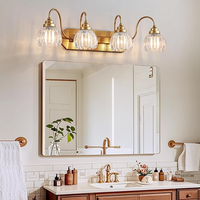 Gold Vanity Light, Vintage Bathroom Light Fixtures, 4-Light Matte Antique Brass Finish with Crystal Glass Shade, Mid Century Style Wall Sconces for Bedroom, Living Room