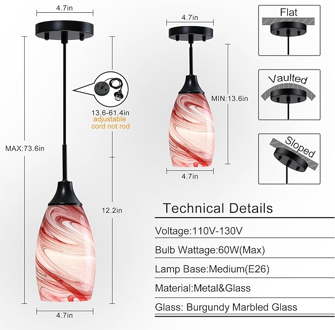 Viinew Mini Glass Pendant Light,3-Pack Handblown Burgundy Marble Art Glass Hanging Light 4.72" Oval Ceiling Hanging Light Fixture for Dining Room Kitchen Island Cafe Foyer Hallway