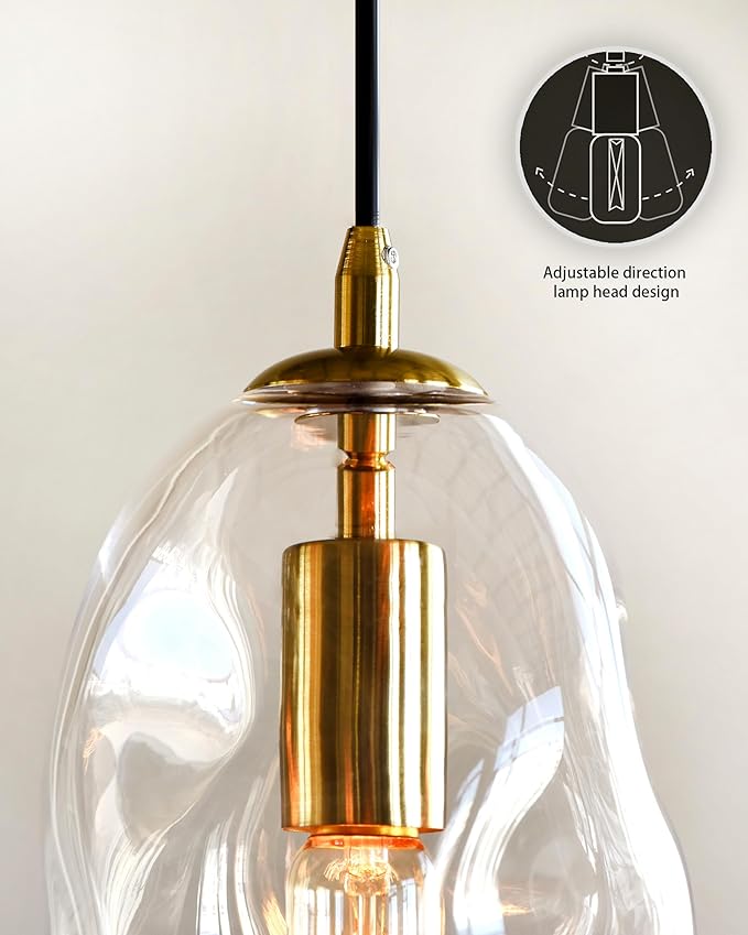 CASAMOTION Pendant Lights Blown Art Glass Modern Kitchen Island Lighting Bedroom Dining Room Table Foyer Entryway Hallway Brass Gold Kit Clear Large Lamp 12" Inch 1 Pack