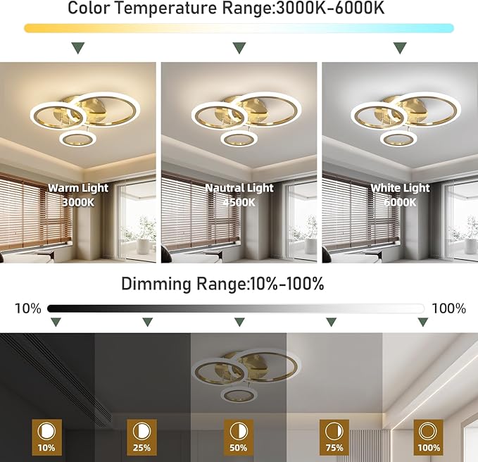 Dimmable Modern Led Ceiling Light 3 Rings 35W Dimming Circle Modern Living Room Light Fixture Gold Acrylic Flush Mount Ceiling Light with Remote for Bedroom Bathroom Kitchen Balcony Corridor