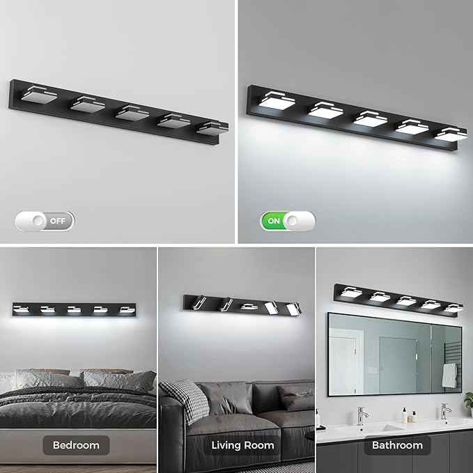 5-Light Modern Bathroom Vanity Light Fixtures, 40-Inch 350° Rotatable LED Vanity Lights Over Mirror, 40W Matte Black Metal Wall Sconce with Frosted Acrylic Shade, Non-Dimmable