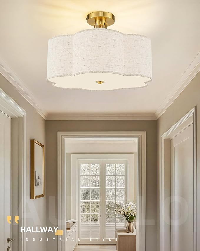 AUTELO 3-Light Modern Ceiling Light, 17.7 Inch Brushed Gold Semi-Flush Mount Ceiling Light with Flower-Shaped White Fabric, Vintage Ceiling Light for Kitchen Island Hallway, C2507 BGL-6