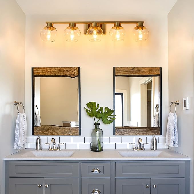 PAZALA Brushed Brass Bathroom Light Fixtures Over Mirror 5-Lights Vanity Light Wall Sconce with Globe Glass Shade E26 Base Perfect for Hallway Picture Wall Lighting Bathroom Bedroom Mirror Living Room