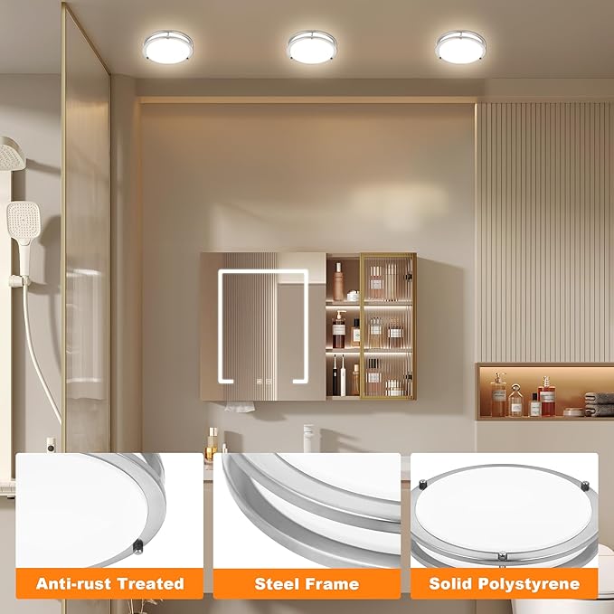 2 Pack 7.5 Inch Round Brushed Nickel Ceiling Light Fixture - Flush Mount LED Ceiling Lamp Set of Two 2700K/3000K/3500K/4000K/5000K Adjustable Brushed Nickel Bathroom LED Light for Bedroom 12W