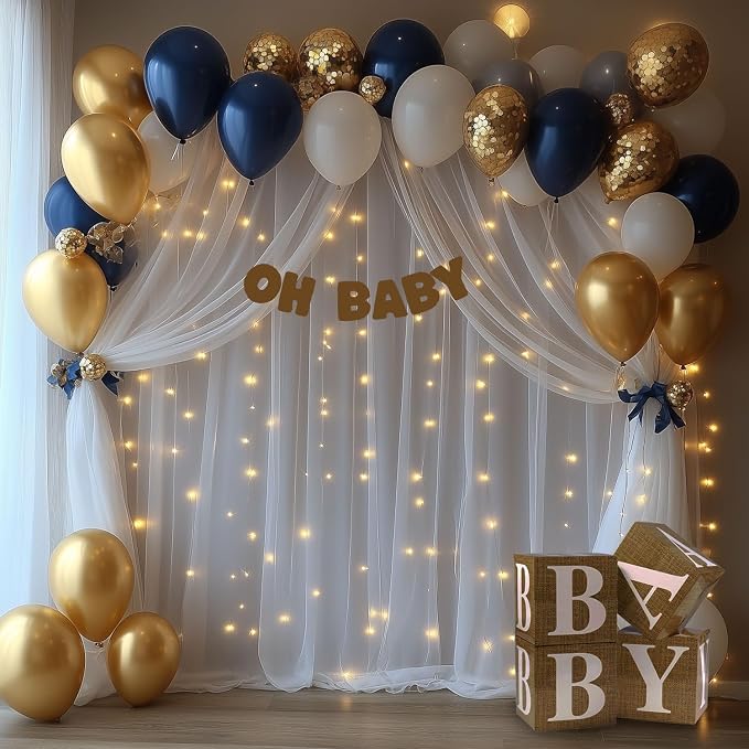 10x10ft White Tulle Backdrop Curtain with Lights String Sheer Drapes for Wedding, Birthday, Baby Shower, Bridal Shower, Photo Booth, Party, Home Decor (2 Panels, White)