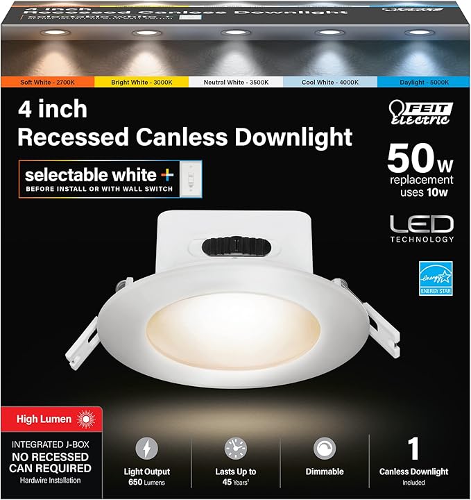 Feit Electric 4" LED Canless Recessed Downlights with Integrated Jbox, 50W Equivalent, Dimmable, 5CCT Selectable White, 90 CRI, 650 Lumens, 50,000-Hour Lifetime, LEDR4JBX/6WYCA/4, 4 Pack