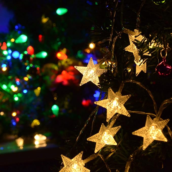25ft 50 LED Multicolor Star String Lights for Bedroom Decorations, Battery Operated Led Christmas Lights for Apartment Dorm Room Decor(Remote/Timer/Warm White Multicolor Combination)