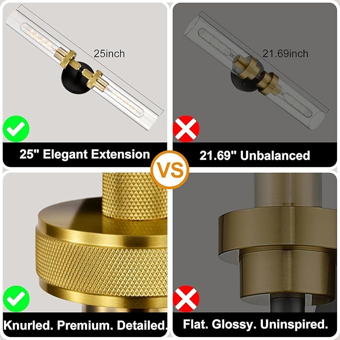 LaLuLa 2-Pack Black and Gold Bathroom Vanity Light Fixtures – Modern 2-Light Wall Sconces with Knurled Texture and Clear Glass Shades, Bathroom Lighting Fixtures Over Mirror, 25 Inch