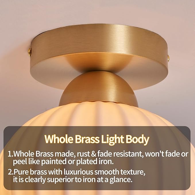 2 Pack Ceramic Brass Semi Flush Mount Ceiling Light Vintage Hallway Light Fixtures, Modern Small Ceiling Mount Light Lamp for Hall Kitchen Entryway Passway Porch Foyer