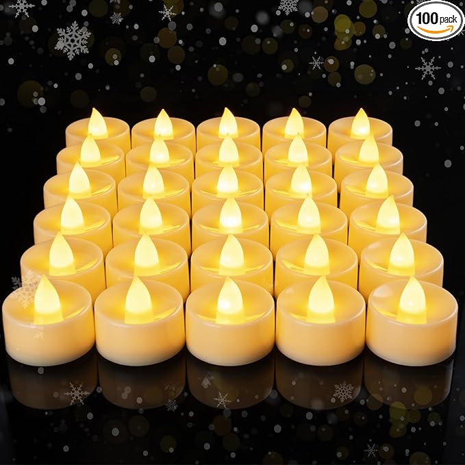 Amagic 100 Pcs Flickering Flameless Tea Lights Battery Operated, 200+ Hours Long Lasting Electric Candle for Wedding Table Centerpiece, Home Decor, Gift, Birthday, Halloween, Christmas, Ivory Base