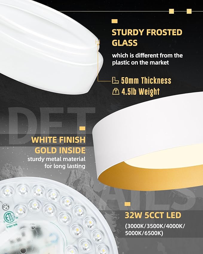 AUTELO 16" Ceiling Light, LED 5CCT Flush Mount Ceiling Light, White Light Fixtures Ceiling Mount fo with Frosted Glass in White Finish for Bedroom, C3336-40 WH LED
