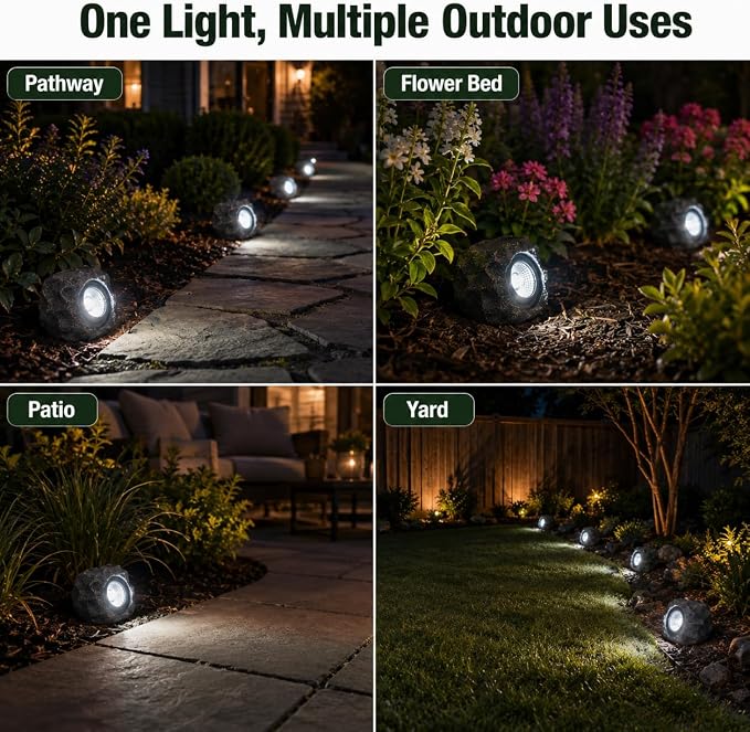 Solar Rock Lights Outdoor – 4 Pack Waterproof LED Landscape Garden Spotlights, Realistic Stone Design, Wireless Solar Powered Pathway Lights for Yard, Walkway, Patio & Lawn Decoration (Auto On/Off)