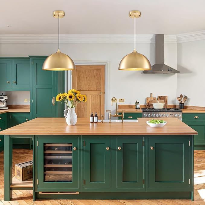 Gold Pendant Light 2 Pack, 11.8" Modern Pendant Lights Kitchen Island Adjustable Height, Farmhouse Dome Hanging Light for Dining Room Bar