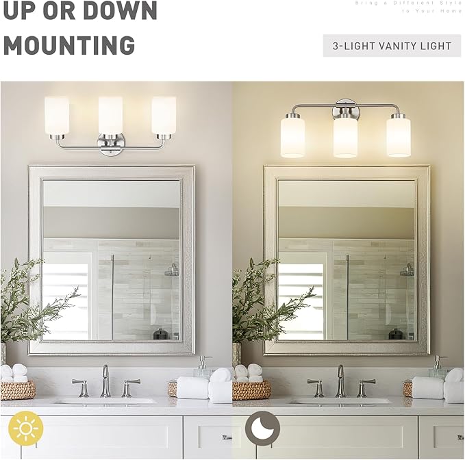 zeyu 21.6 Inch Bathroom Lights Fixtures Over Mirror, Modern Bathroom Wall Light with Milky White Glass Shade, Brushed Nickel Finish, ZS62B-3W BN