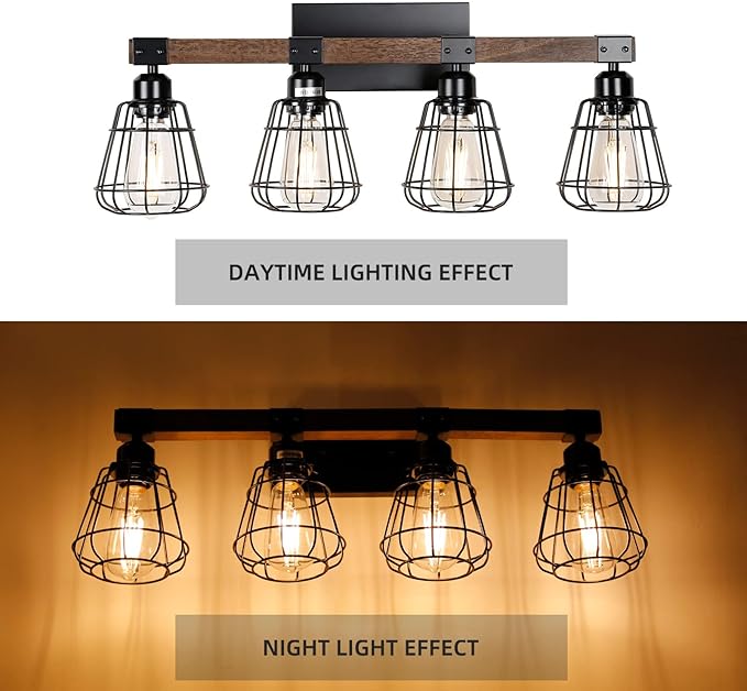 Bathroom Vanity Light Fixture,Rustic 4-Light Wood Wall Light,Industrial Bathroom Lighting Fixture Over Mirror,Modern Matte Black Metal Cage Wall Sconce for Hallway,Kitchen,Bedroom