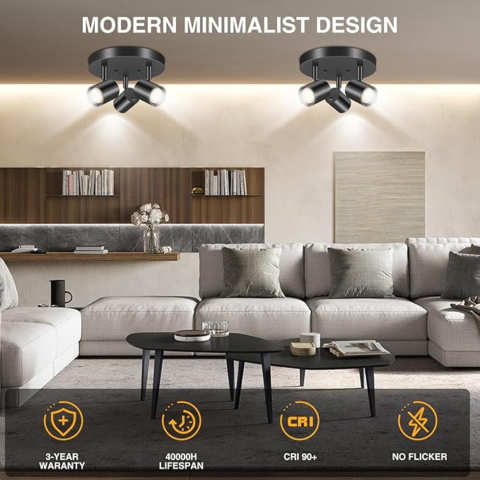 VANoopee 5 Color 3 Light LED Ceiling Spot Light Indoor Flush Mount Directional Adjustable Spotlight Fixtures Close to Ceiling for Kitchen Hallway Modern LED Track Lighting Kit Dimmable 30W Matte Black