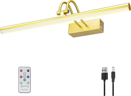 Picture Light, Picture Lights for Wall Cordless, 20inch Battery Operated Wall Lights with Timer and Dimmable, Rechargeable Metal Picture Lights for Display Gallery Painting Art Frame Portrait - Gold