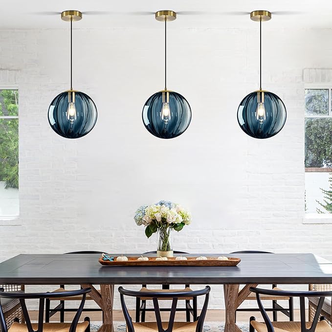 Modern Blue Glass Pendant Light, Kitchen Island Lighting 3-Pack Globe Pendant Light Fixtures Century Kitchen Island Pendant Lighting for Bedroom Living Dining Room Light Fixture (Without Bulb)