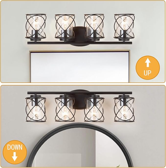 mavcadonf Bathroom Vanity Light Fixtures Over Mirror, 4 Lights Modern Bathroom Wall Lamp for Mirror Kitchen Living Room Hallway Cabinet Porch, Farmhouse Wall Lights with Cage Shade, Matte Black