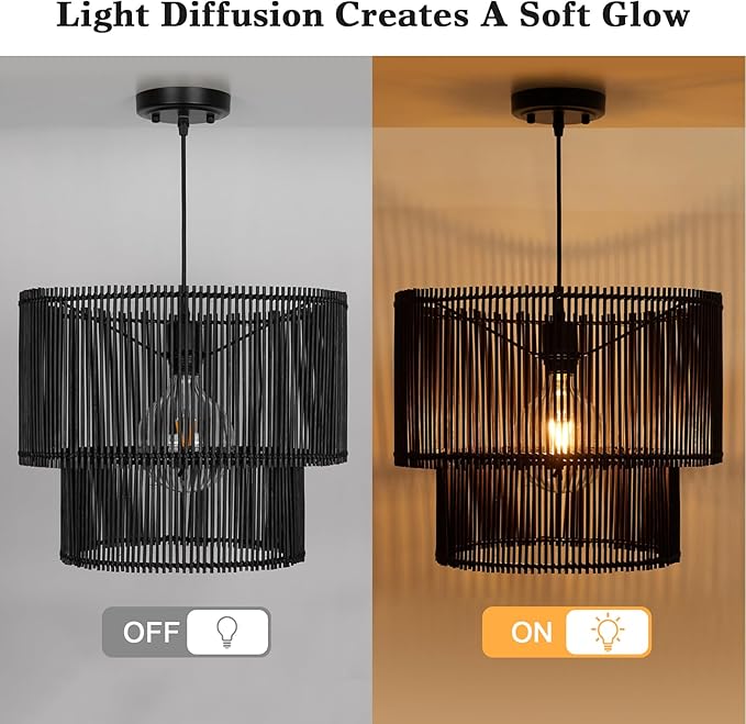 Woven Rattan Pendant Lamp, 16 Inch Large Natural Simple Hand Weaved Coastal Beach Black Rope Hanging Pendant Light Fixture for Dining Room Living Room Bedroom Kitchen Foyer