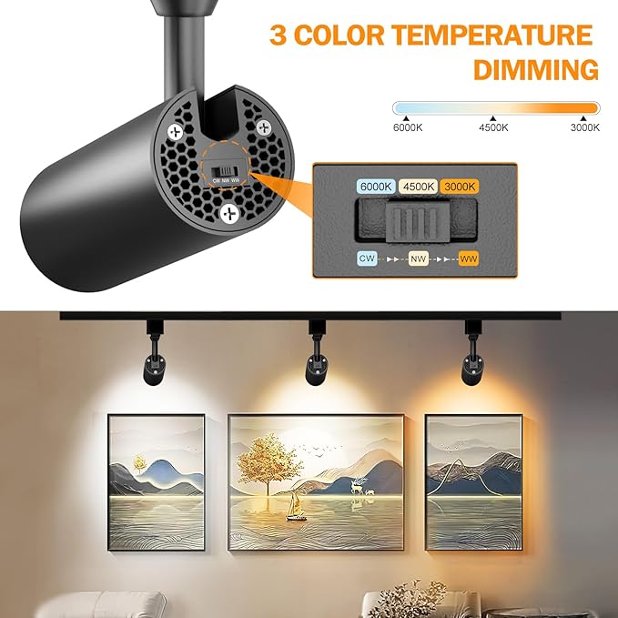 3 Pack 10W Track Lighting Heads,LED Dimmable H Type Track Light fixtures 3000K-4500K-6000K Track Fixtures Ceiling Spotlight 24° Angle for Art Accent Lighting Flicker Free CRI90+ 1000lm Black