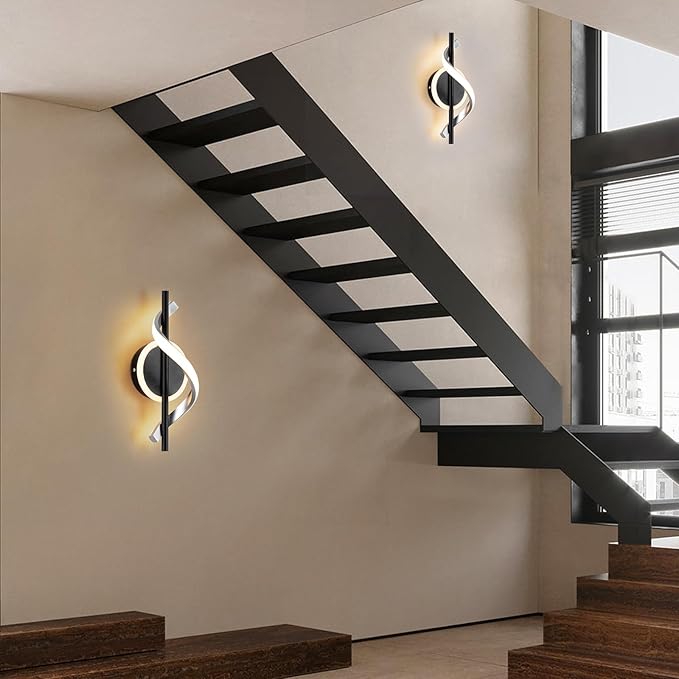 EIDISUNY Black Wall Sconces Sets of 2, 12W Modern Spiral LED Wall Lamp, 3000K Warm White Wall Light Fixture for Stairs Living Room Bedroom Aisle Hallway