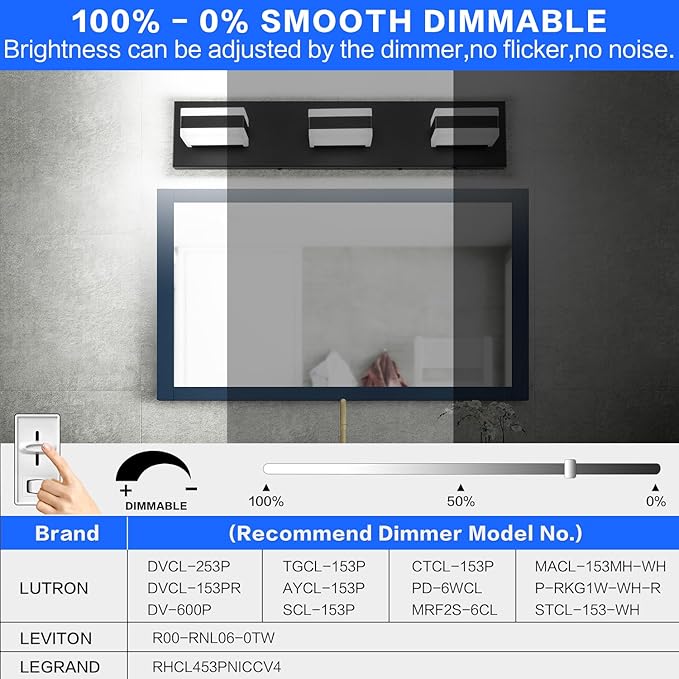 SOLFART LED Dimmable Black Vanity Light Over Mirror,3 Lights Bathroom Light Fixtures, Restroom Modern Vanity Lighting for Bathroom Cool Light 6000K