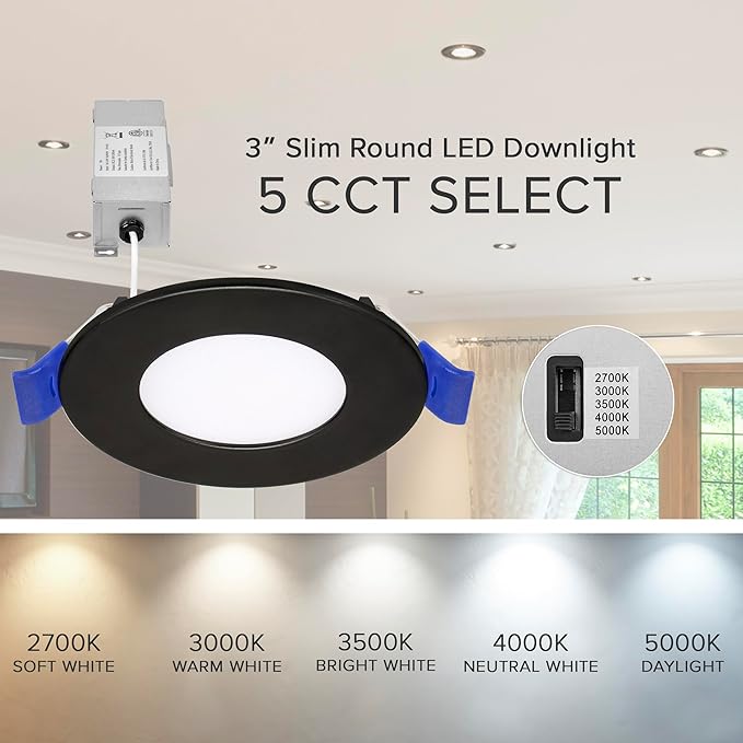 Maxxima 3 in. 5 CCT Ultra Thin Recessed LED Downlight, 400 Lumens, Slim Canless Light, IC Rated, 5 Color Temperature Selectable 2700K/3000K/3500K/4000K/5000K, Dimmable, Black Trim, J-Box Included