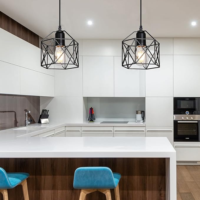 2 Pack 1 Light Vintage Hanging Light Pendant Light Fixture Farmhouse Basket Cage Hanging Ceiling Light，for Kitchen Island Dining Restaurant Room Hallway Hotel Bar Base Black Edison E26…