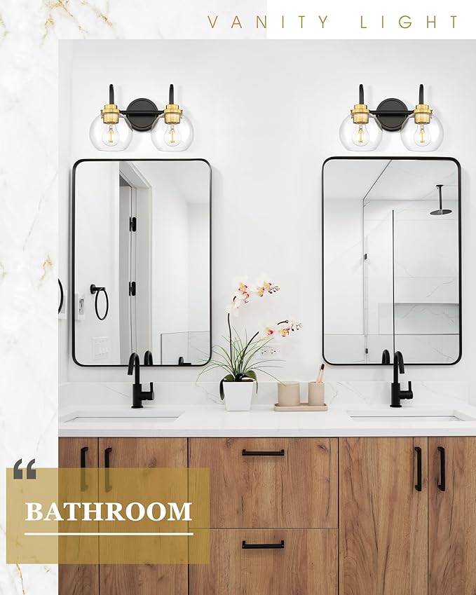 Bathroom Light Fixtures, 2-Light Black and Gold Vanity Lights with Globe Clear Glass, Modern Vanity Lighting Fixtures Over Mirror, AD-22280-2W-KG