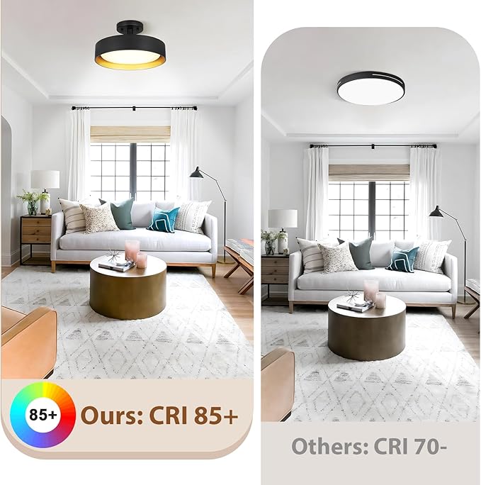 SunRider Semi Flush Mount LED Ceiling Light Fixture, 12-inch 25W 2000LM Black Pendant Lamp for Entrance Attic, Gold Inside, 3000K Warm White, Dimmable