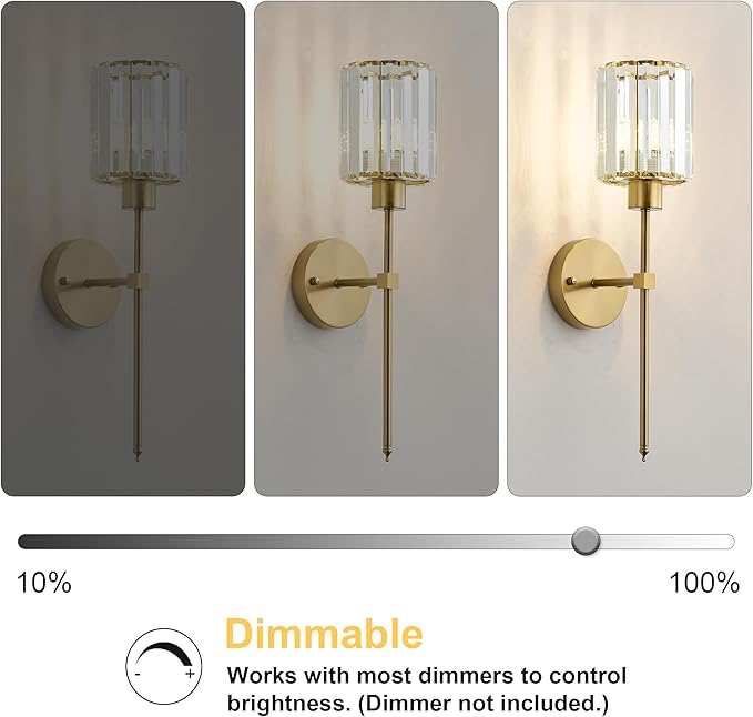 KARTOOSH Hardwired Crystal Wall Sconces Set of Two - Dimmable Wall Light Fixtures 3000K, Warm White, for Hallway, Bathroom, Living Room, Bedroom, Brass, 20.1 Inch