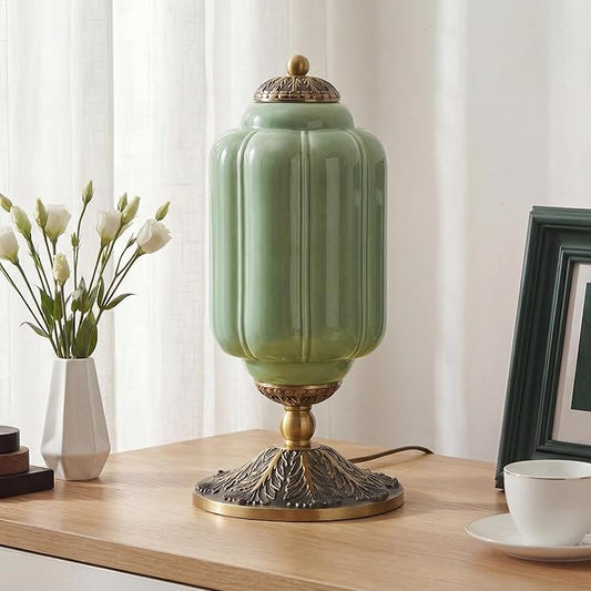 Milk Glass Table Lamp - Modern Farmhouse Design with Antique Brass Finish Base, Green Desk Light for Living Room & Bedroom Decor (Green 15")