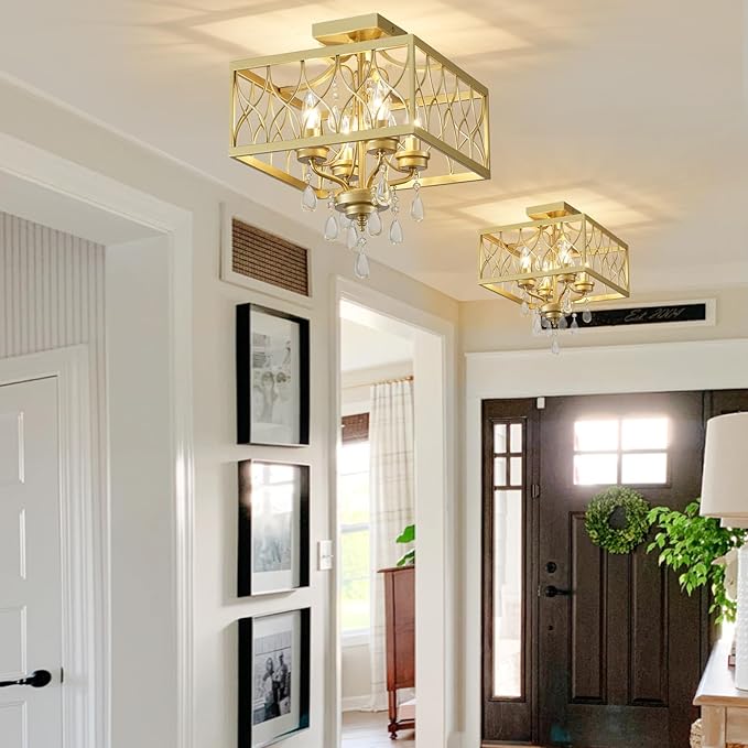 Crystal Semi Flush Mount Ceiling Light, 4-Light Close to Ceiling Light Fixtures, Farmhouse Crystal Chandelier Hallway Gold Metal Cage Modern Light Fixture for Entryway Bedroom Kitchen Living Room