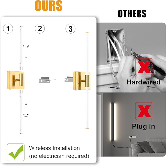 Morauroral 30 Inch White Gold Battery Operated Wall Sconces Set of 2, Dimmable Battery Wall Sconce with Remote Control, LED Rechargeable Sconces, Modern Wireless Wall Lights for Bedroom, Living Room
