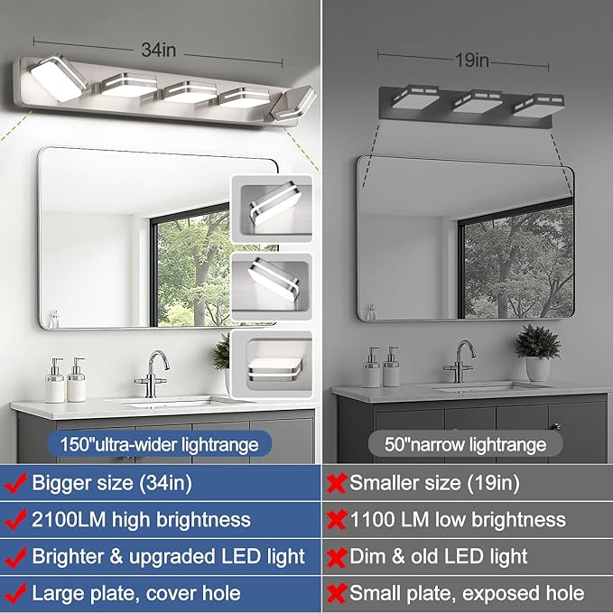 360° Rotate LED Bathroom Vanity Light Fixtures, 2100LM Acrylic Brushed Nickel Vanity Lights for Bathroom, Modern Wall Lighting Fixtures Over Mirror Kitchen Living Room (Natural White Light 5000K)