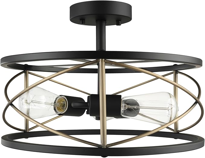 Globe Electric 60869 Denali 3-Light Flush Mount Ceiling Light, Matte Black, Brass Accents