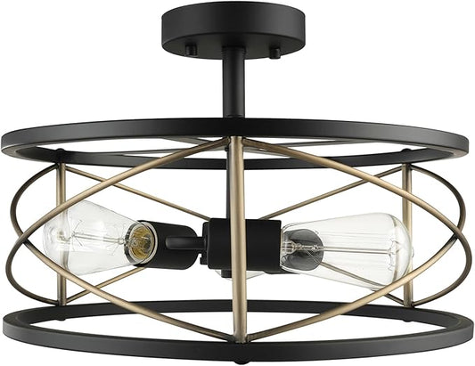 Globe Electric 60869 Denali 3-Light Flush Mount Ceiling Light, Matte Black, Brass Accents