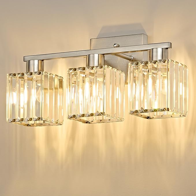 OKELI 3-Light Bathroom Light Fixtures, Modern Brushed Nickel Crystal Wall Light for Bathroom,Lighting Fixtures Over Mirror