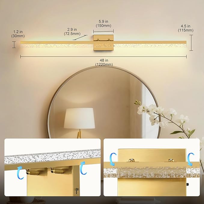 L LOHAS LED 48-Inch Bathroom Vanity Light Bar Over Mirror, Gold Modern Bathroom Light Fixtures with Bubbled Acrylic Shade, 3CCT Adjustable LED Vanity Lights for Living Room Wall