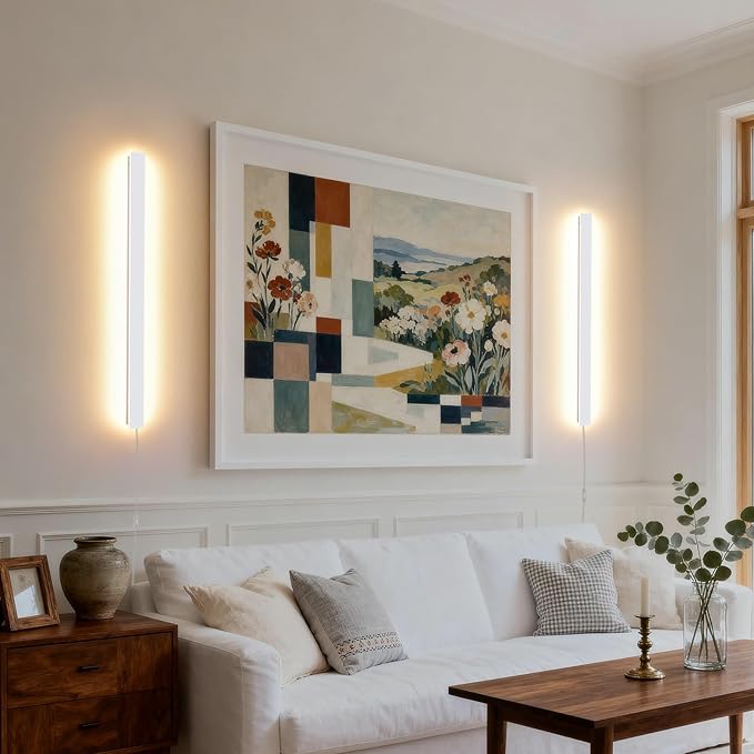 KELUOLY Modern Plug in Wall Lights, 31.4 inch Frosted White LED Long Wall Sconce, 16W Warm White 3000K Acrylic Indoor Wall lamp,with 59" Plug Cable for Bedroom, Living Room, Hallway