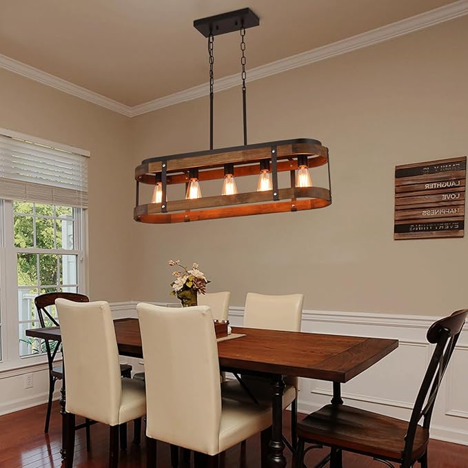 Rustic Farmhouse Wood Kitchen Island Lighting, 5 Lights Rectangular Pendant Light Fixture, Adjustable Rods Oak Wood and Metal Linear Chandelier for Kitchen Island Farmhouse Dining Room, Black
