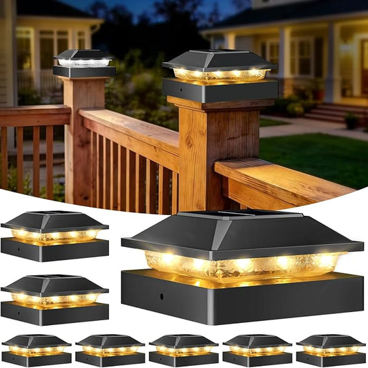 Peasur 4x4 Solar Post Cap Lights 8 Pack, 2 Modes 16 LED Post Solar Lights Waterproof, Black Fence Deck Lights Fit Wooden/Vinyl Post for Porch Patio