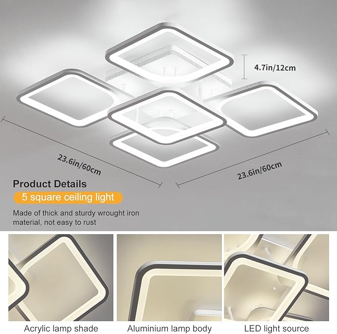Jaycomey Modern Dimmable LED Ceiling Light, 23.6" Flush Mount Ceiling Lights Fixture with Remote Control, Acrylic 5-Square Ceiling Lamp for Living Room Dining Room Kitchen Bedroom, 70W, 3000K-6000K