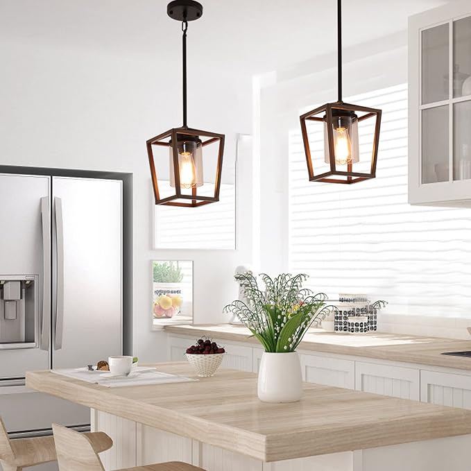 SGLfarmty Pendant Lights for Kitchen Island, 7 Inch Farmhouse Lantern Hanging Light with Clear Glass Shade, Adjustable Height Ceiling Light Fixture Fits Sloped Ceiling for Dining Room Bar Entryway