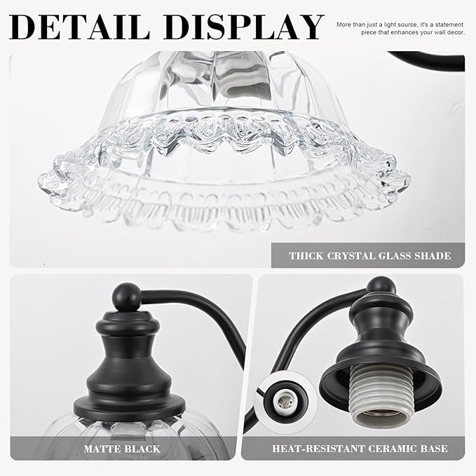 Black Bathroom Light Fixtures Over Mirror, 3 Light Vintage Bathroom Vanity Light Fixture with Clear Flower Glass Shades, Retro Vanity Lights for Bathroom, Bathroom Vanity Lights Over Mirror
